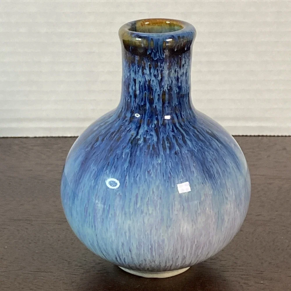 Vtg Pottery Art Bud Vase Beautiful Blend of Cobalt Brown Purple Drip Glaze
